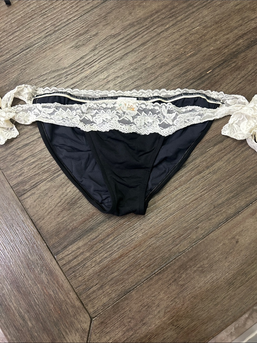 Fresh Peaches Black Bikini Bottoms with Cream Lace Waist